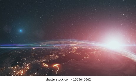 Epic Rotate Earth Close Up Surface Star Background. Sun Beam Glow Celestial Outer Space Deep Universe Exploration Concept 3D Animation