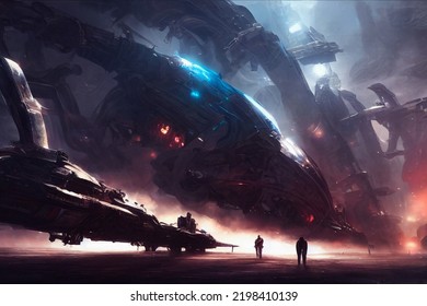 Epic Scene Of Massive Scifi Machines In Strange World, Digital Illustration