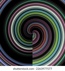 Epic spiral of colored lines divided by a vertical axis. A half-line of rotation ending at the center.