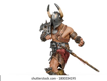 epic warrior man is walking in white background with copy space, 3d illustration