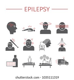 Epilepsy. Symptoms, Treatment. Flat Icons Set.