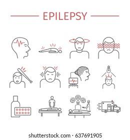 Epilepsy. Symptoms, Treatment. Line Icons Set.