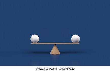 Equal white spheres balancing on a seesaw 3d illustration isolated on white blue background. 3d render balance scale. 