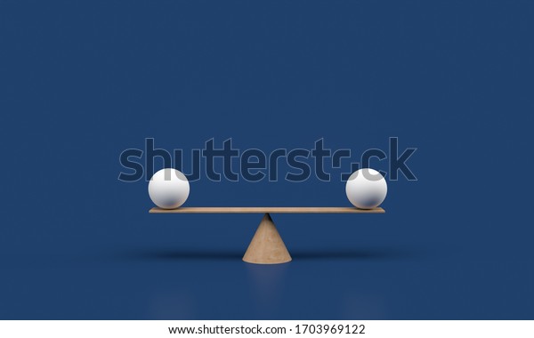 Equal\
white spheres balancing on a seesaw 3d illustration isolated on\
white blue background. 3d render balance scale.\
