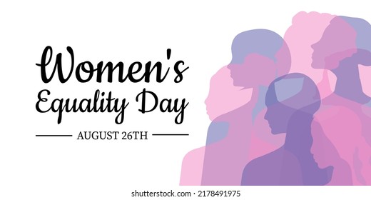 Equality Women's Day. Women of different ages, nationalities and religions come together. Horizontal white poster with transparent silhouettes of women. 