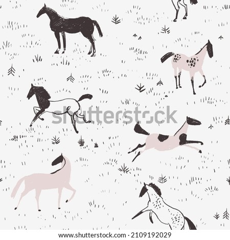 Equestrian seamless pattern with free horses in the field