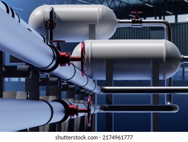 Equipment In Chemical Factory. Plant For Production Industrial Chemicals. Pipes And Tanks. Industrial Equipment With Pipes. Supply Chemicals To Production Line. Pipeline Inside Building. 3d Image