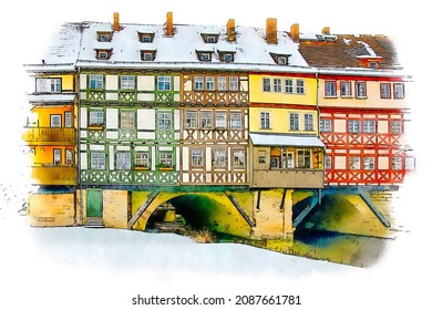 Erfurt in winter, Merchants' Bridge, watercolor sketch illustration.