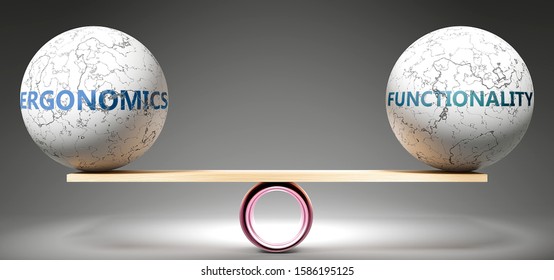 Ergonomics And Functionality In Balance - Pictured As Balanced Balls On Scale That Symbolize Harmony And Equity Between Ergonomics And Functionality That Is Good And Beneficial., 3d Illustration