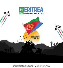 Eritrea Independence Day celebration featuring the Eritrea flag, the Eritrea Army, and a patriotic flag design illustration.