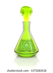 Erlenmeyer flask filled with green liquid and an atomic symbol making radioactive gas, on white background. 3d illustration