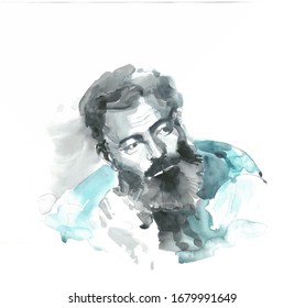 Ernest Hemingway Engraved Watercolor Portrait. American Novelist, Short Story Writer, And Journalist. Bearded Caucasian Man