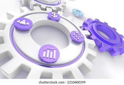 ERP, Enterprise Resource Planning, Web Banner 3D Render. Productivity And Improvement System Development, Business Integration, Strategy. Office Icons On Cogwheel Or Gear Close Up. 3D Illustration