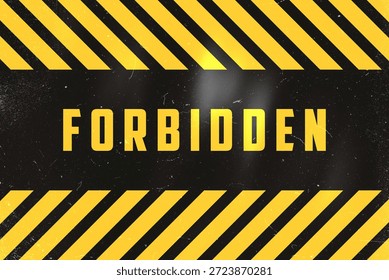 “Forbidden” Error 403 hazard warning diagonal stripes background with industrial yellow and black design. Trendy grunge texture for system alerts, web maintenance. Web Template. Popping window. Banner, design element