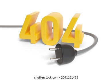 Error 404. Number 404 in three dimensions next to a plug on a white background. 3d illustration.
