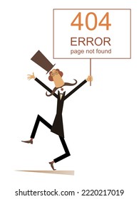 Error 404 Page Not Found Concept Illustration, Webpage Banner. 
Long Mustache Man In The Top Hat Holding A Banner Error 404 Page Not Found. Isolated On White Template For Web Site
