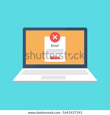 Error message on laptop screen. Crash, error, failure of the system. Flat Color Icon.	