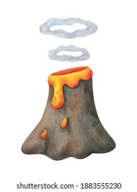 An Erupting Volcano. Children's Illustration Of A Small Mountain With A Crater And Flowing Lava And Smoke Rings. Watercolor Image Isolated On A White Background. Stock Clipart With  Natural Phenomenon