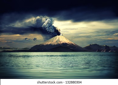 Erupting Volcano Near Water - Illustration