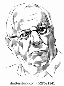 ERUSALEM, ISRAEL - Dec 22, 2015. Israeli President Reuven Rivlin. Black And White Drawing