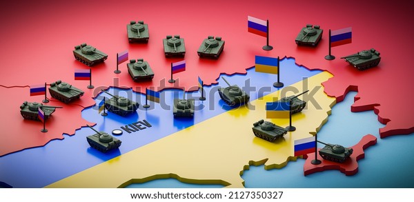 Escalation of the conflict on the border of\
Ukraine with Russia - concept of a 3d map with tanks deployed on\
both sides of the conflict - 3D\
render