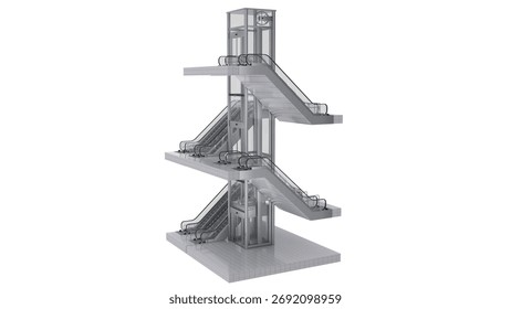 Escalator and elevator isolated on white background.3d rendering.