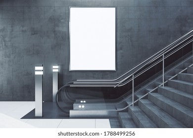 Escalator With Empty Poster On Concrete Wall. Subway Station. Mock Up, 3D Rendering