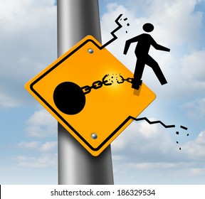 Escaping to freedom business concept as a businessman symbol on a traffic sign breaking free from a ball and chain as a success metaphor of a new career or conquering adversity and emotional stress.