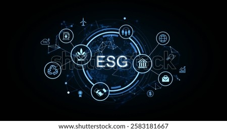 ESG digital interface with icons representing environment, social, and governance. Blue glowing graphics on dark background. Sustainability concept. 3D Rendering.