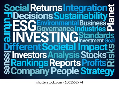 ESG Investing Word Cloud auf blauem Hintergrund