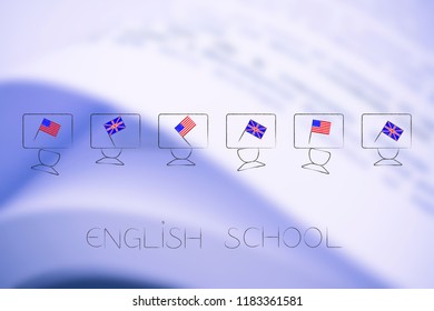 ESL Education Conceptual Illustration: British And American Flags Symbol Of Studying English As Foreign Language On Students Desks