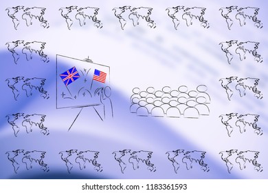 ESL Education Conceptual Illustration: British And American Flags Symbol Of Studying English As Foreign Language On Teacher Whiteboard In Front Of Students