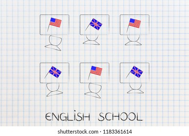 ESL Education Conceptual Illustration: British And American Flags Symbol Of Studying English As Foreign Language On Students Desks In Classroom