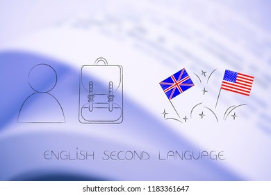 ESL Education Conceptual Illustration: British And American Flags Symbol Of Studying English As Foreign Language Next To Student With Backpack