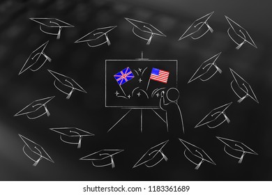 ESL Education Conceptual Illustration: British And American Flags Symbol Of Studying English As Foreign Language On Whiteboard With Teacher Surrounded By Graduation Hats