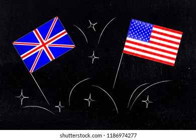 ESL Education Conceptual Illustration: British And American Flags Symbol Of Studying English As Foreign Language