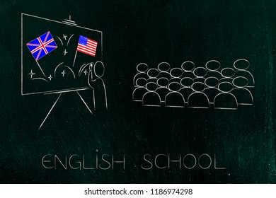 ESL Education Conceptual Illustration: British And American Flags Symbol Of Studying English As Foreign Language On Whiteboard With Teachers And Students In Language Classroom