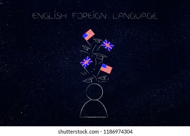 ESL Education Conceptual Illustration: British And American Flags Symbol Of Studying English As Foreign Language Above Students Head