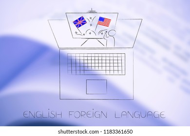 ESL Education Conceptual Illustration: Teacher And Whiteboard With British And American Flags Symbol Of Studying English As Foreign Language Popping Out Of Laptop Screen