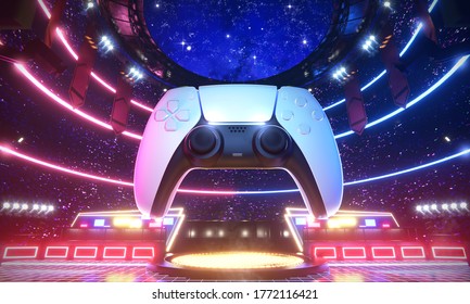 E-sport arena and Game joypad in Glow scenery, 3d rendering illustration.