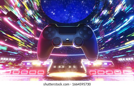 E-sport arena and Game joypad in the speed of colorful light, 3d rendering illustration.