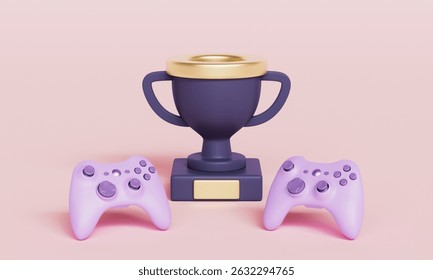 E-Sports Trophy and Game Controller Icon. 3D Rendering.