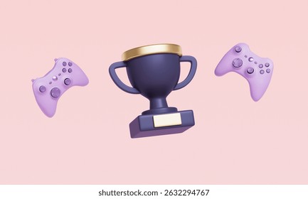 E-Sports Trophy and Game Controller Icon. 3D Rendering.