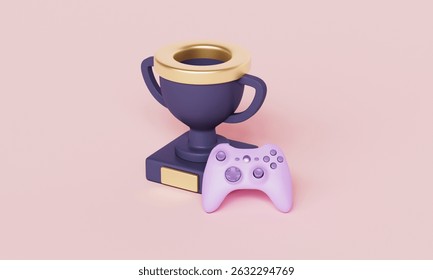 E-Sports Trophy and Game Controller Icon. 3D Rendering.