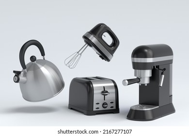 Espresso Coffee Machine, Hand Mixer, Kettle And Toaster For Preparing Breakfast On White Background. 3d Render Of Coffee Pot For Making Latte Coffee