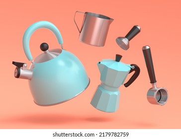Espresso coffee machine with horn, kettle and geyser coffee maker for preparing breakfast on coral background. 3d render of coffee pot for making latte coffee - Shutterstock ID 2179782759