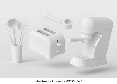 Espresso coffee machine with horn and toaster for preparing breakfast on monochrome background. 3d render of coffee pot for making latte coffee - Powered by Shutterstock