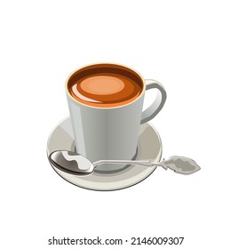 Espresso Coffee In White Ceramic Cup.Place In A Saucer And A Spoon On The Side.golden Yellow Crema.Isolated  On A White Background.