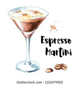 Espresso martini cocktail with coffe grains. Watercolor hand drawn illustration  isolated on white background