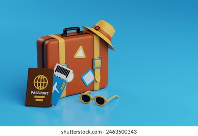 Essential items like a passport, suitcase, and sunglasses. Perfect for conveying the excitement of exploring new destinations and experiencing new adventures. 3D render illustration - Powered by Shutterstock